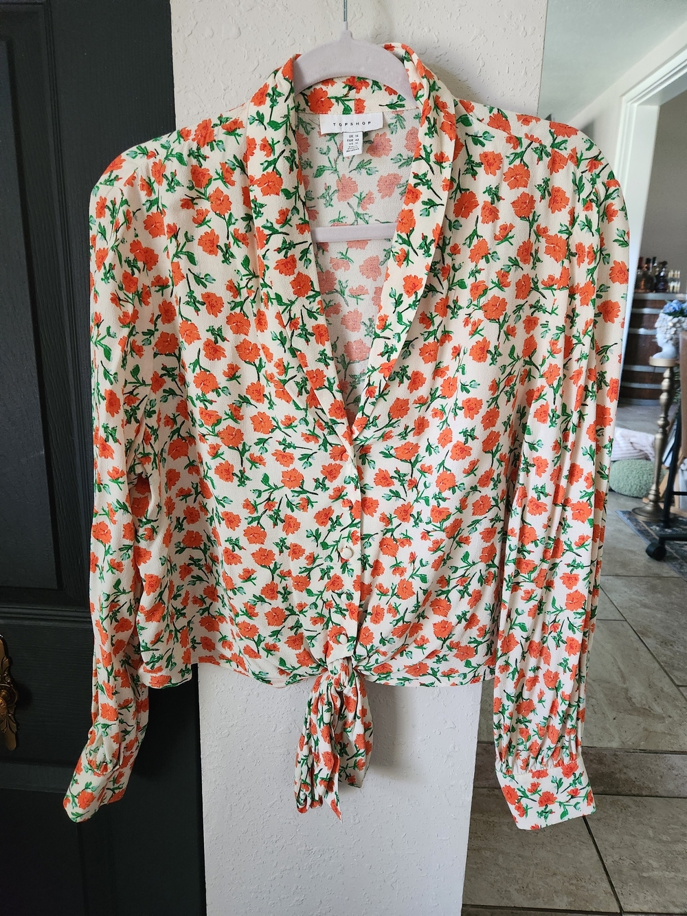 Topshop Cream Blouse with Orange Floral Print and Green Leaves